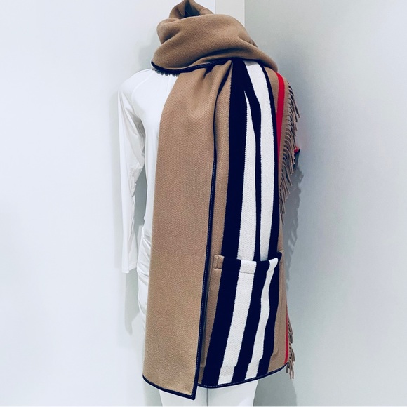 BURBERRY ICON STIPE WOOL CASHMERE JACQUARD WRAP / STOLE. - Picture 6 of 13